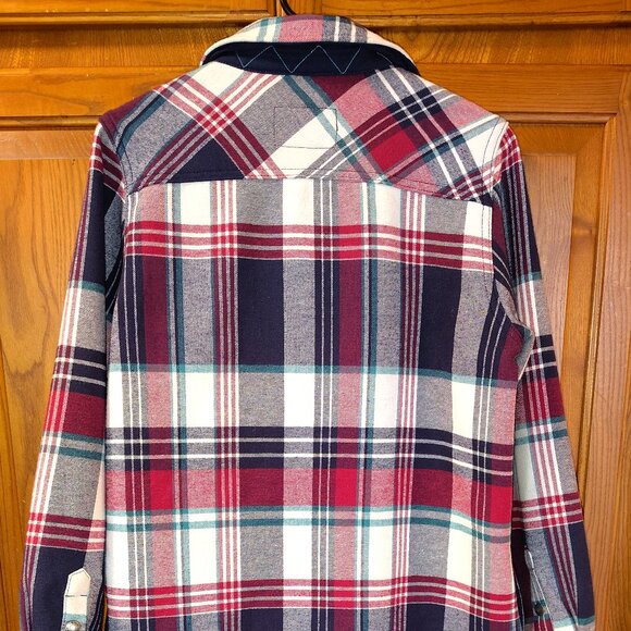 Orvis Fleece Lined Flannel Shirt Womens Medium Shacket Snap Jacket Plaid Red Blu - Picture 2 of 7